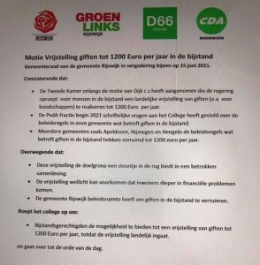 Motie van PvdA, Groen Links, D66 en CDA over vrijstelling van giften in de bijstand